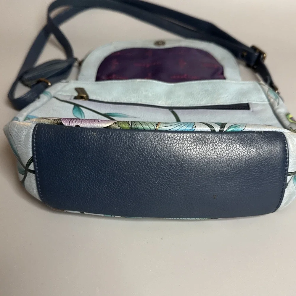 Anuschka Hand Painted‎ Floral Butterfly Leather Shoulder Bag Blue Bug Insect
